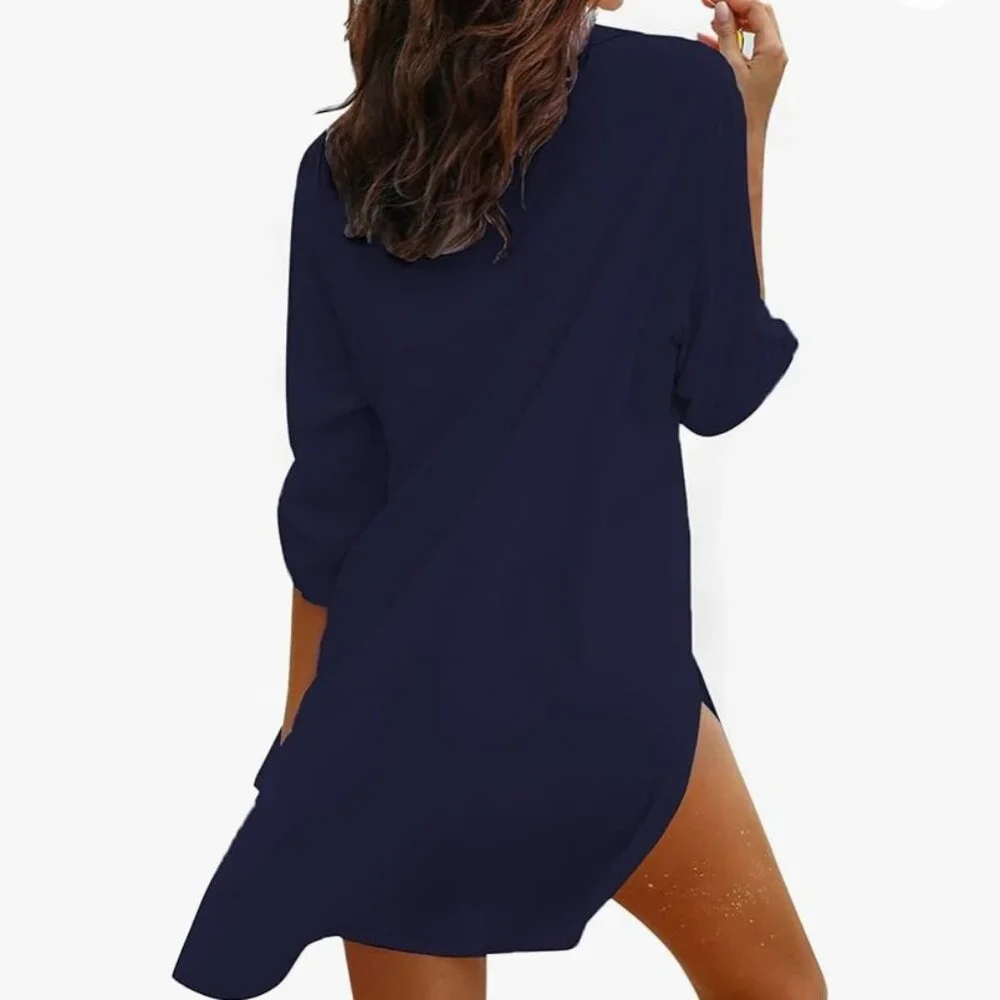 EKOUAER WOMEN'S NAVY BLUE SWIMSUIT COVER UP SHIRT - Picture 2 of 4